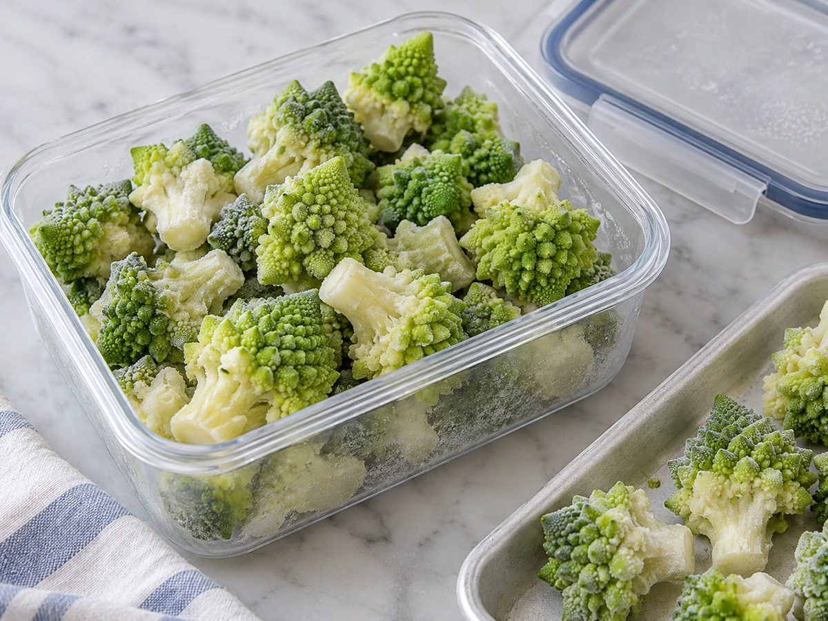 Loose frozen Romanesco florets in a clear container with its lid beside it