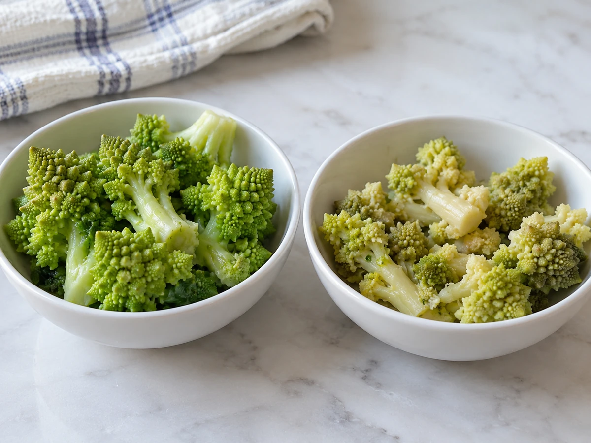 Two bowls of cooked Romanesco, one greener with defined crowns and one duller with smaller broken pieces