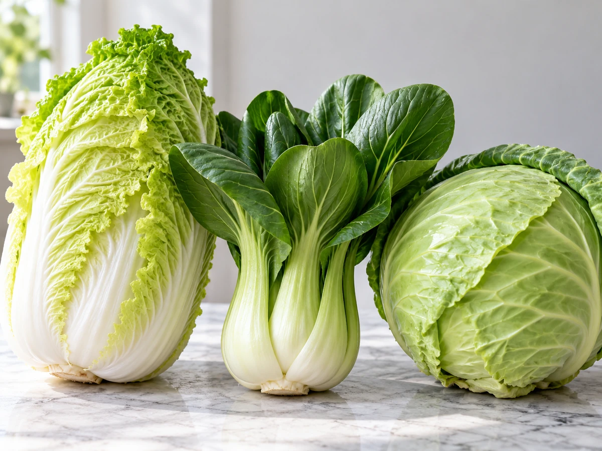 Whole oblong napa cabbage beside upright bok choy and round green cabbage