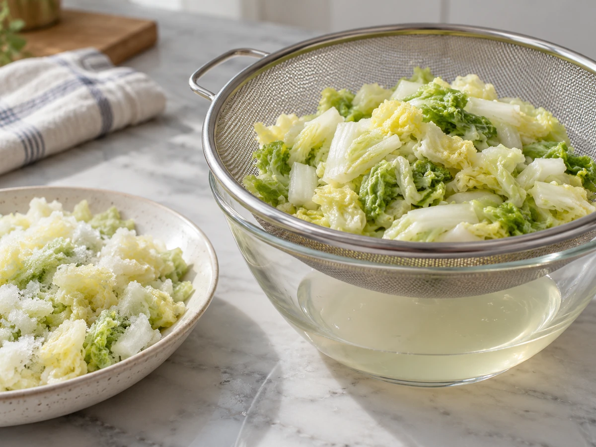 Thawed chopped napa in a sieve above collected pale vegetable liquid