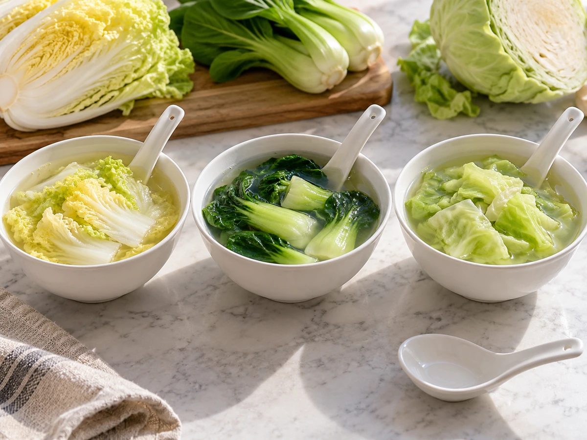 Three clear soups containing napa, bok choy and green cabbage respectively