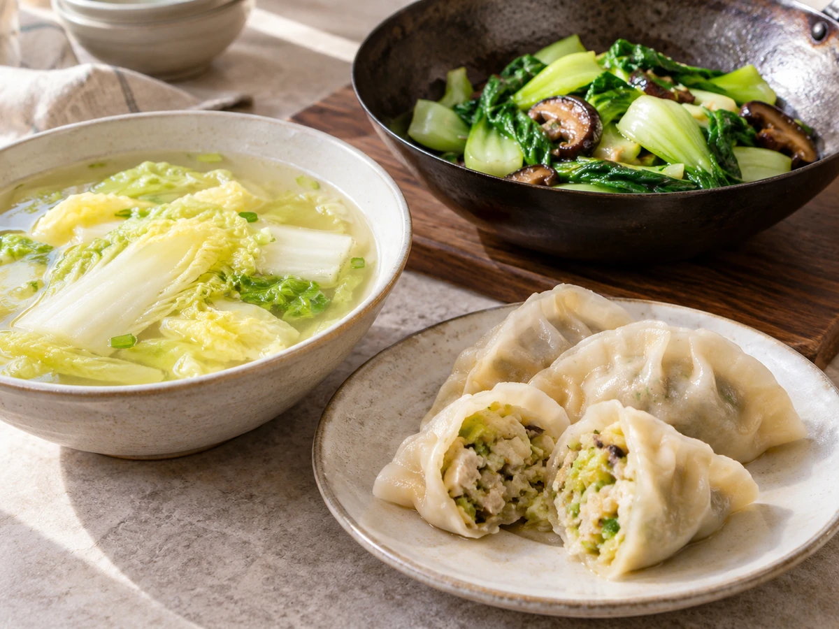 Napa soup, cooked bok choy with mushrooms and a cut-open dumpling