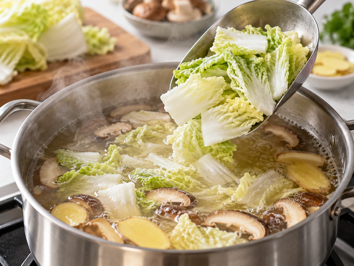Scoop adding a small portion of frozen napa pieces to simmering vegetable broth