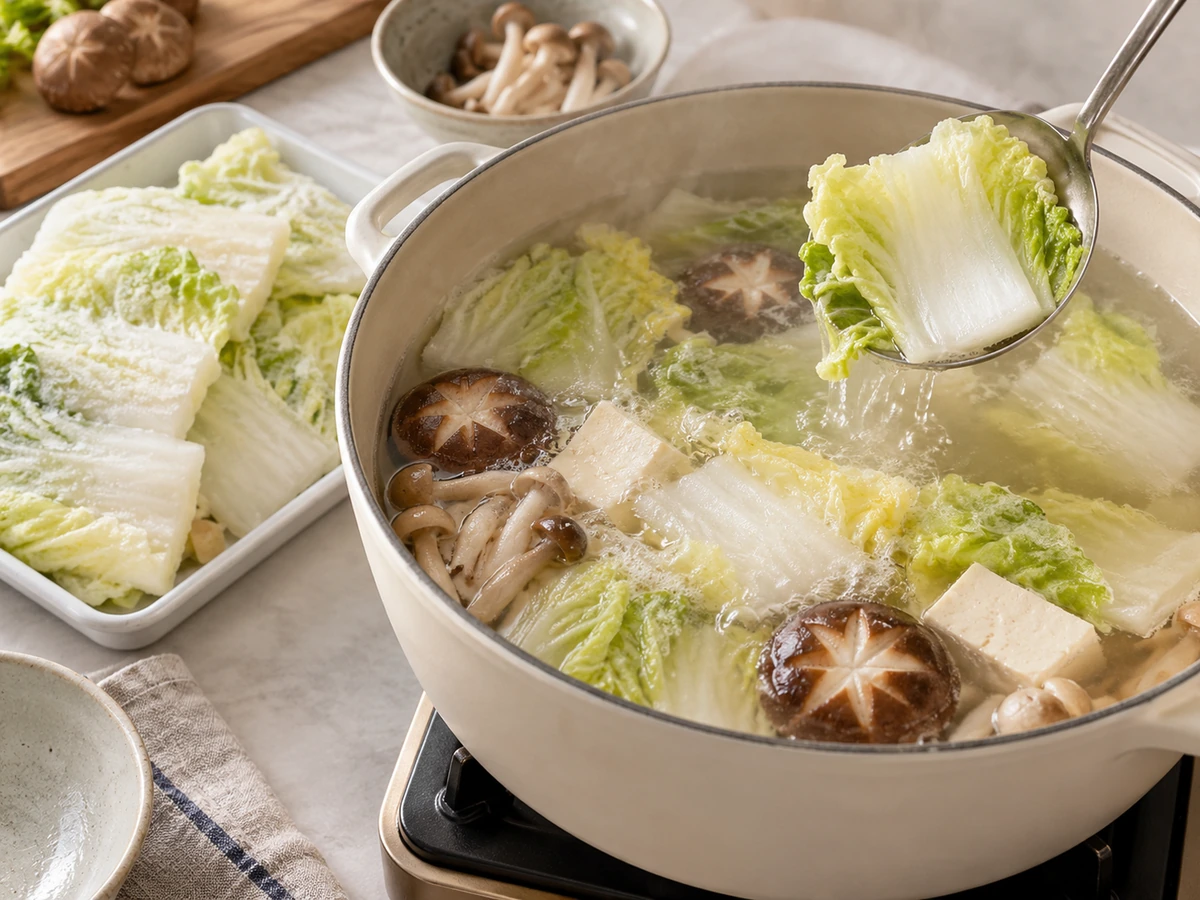 Napa leaves, mushrooms and tofu in a lightly filled hot pot