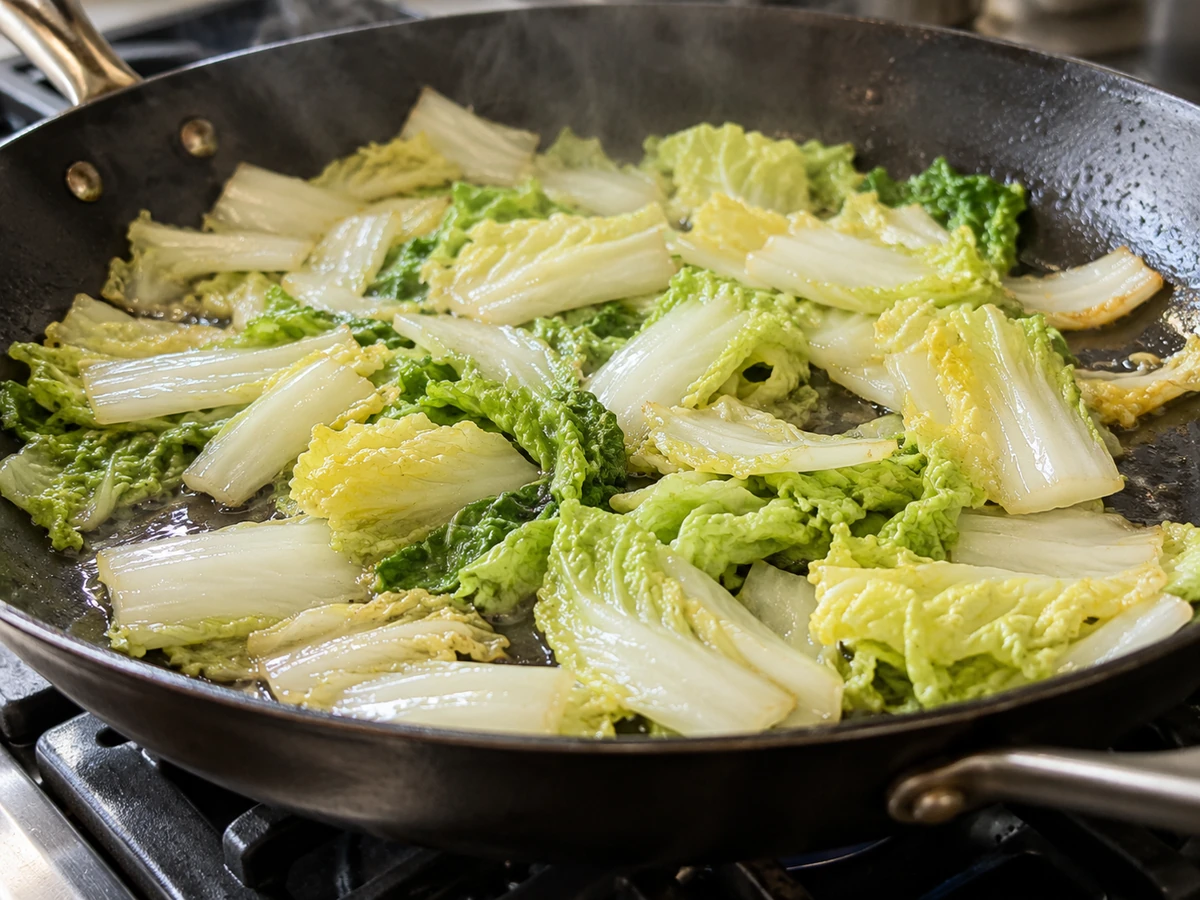 Broad napa pieces spread across a wide skillet with visible space between them
