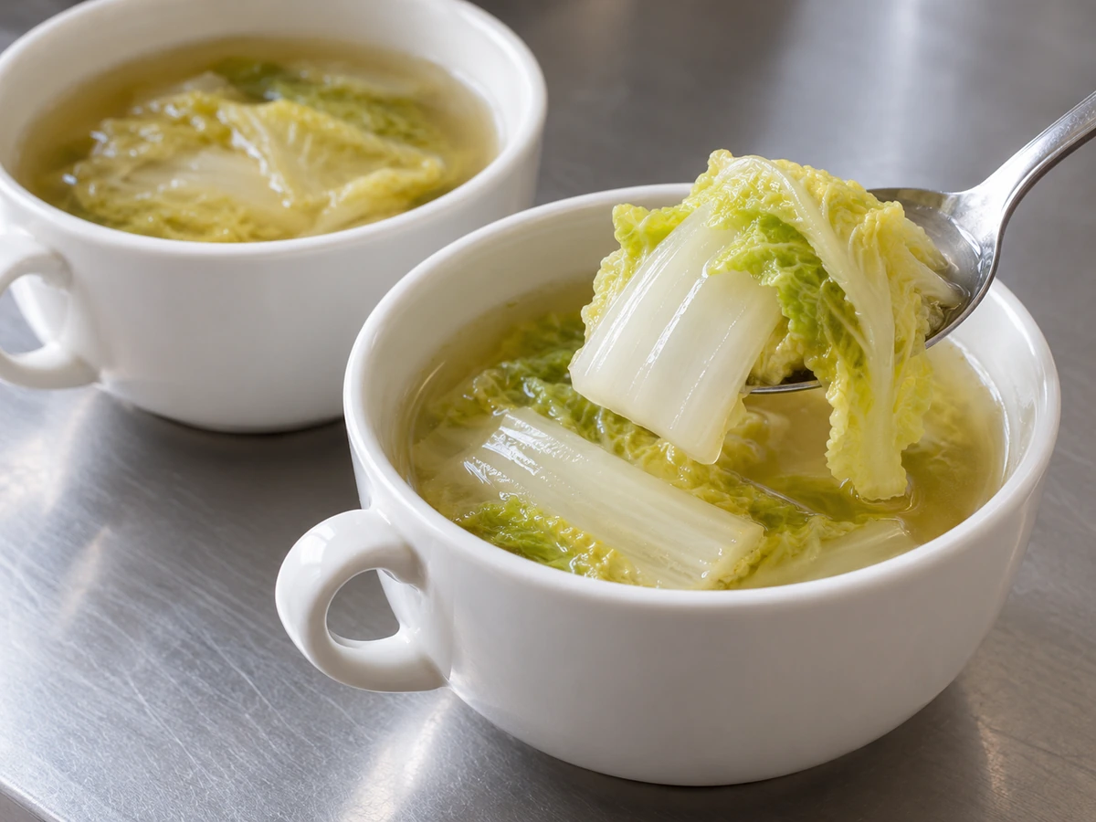 Two cups of napa soup with a spoon lifting a cooked leaf and rib