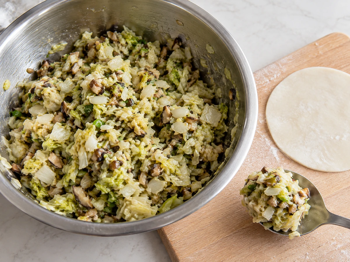 Napa and mushroom filling in a mixing bowl beside a dumpling wrapper