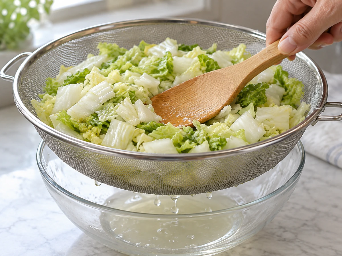 Chopped Napa cabbage pressed gently with a wooden spoon in a sieve