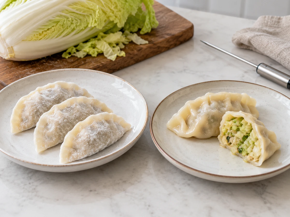 Frozen sealed dumplings beside cooked dumplings with a cut filling cross-section