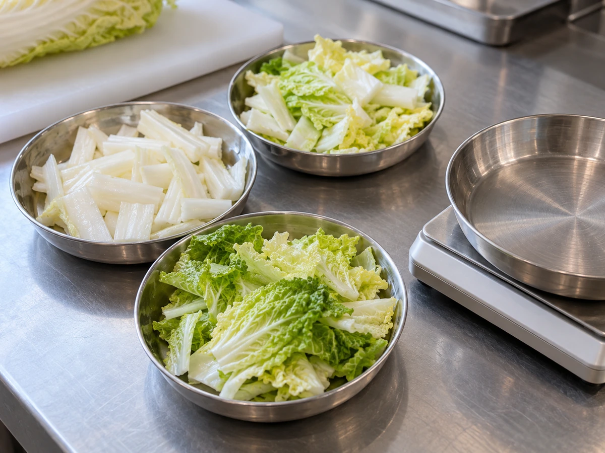 Three dishes of Napa cabbage piece groups beside an empty scale pan