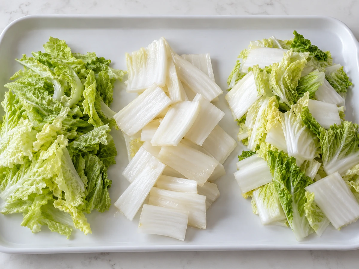 Leaf-rich, pale rib and attached leaf-and-rib Napa cabbage pieces on a tray