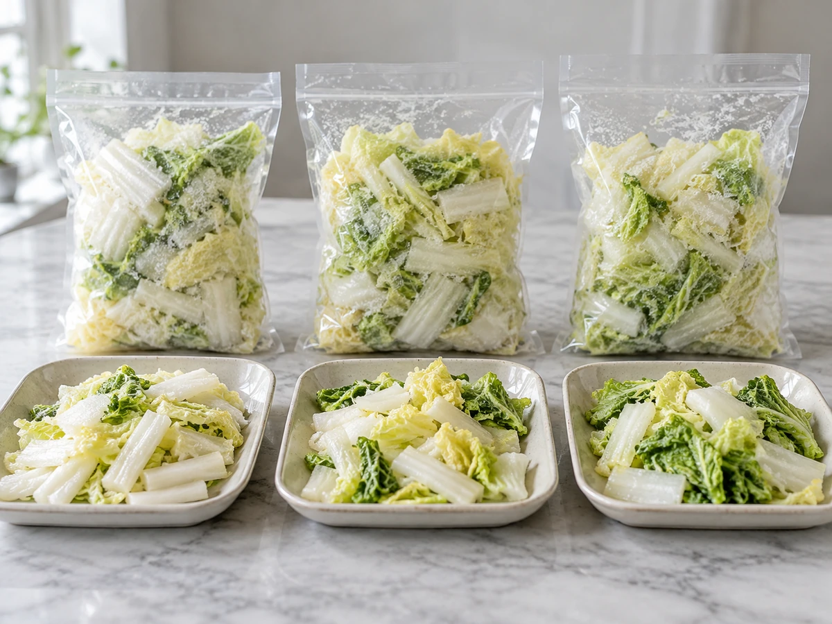 Separate clear pouches and trays containing chopped napa samples