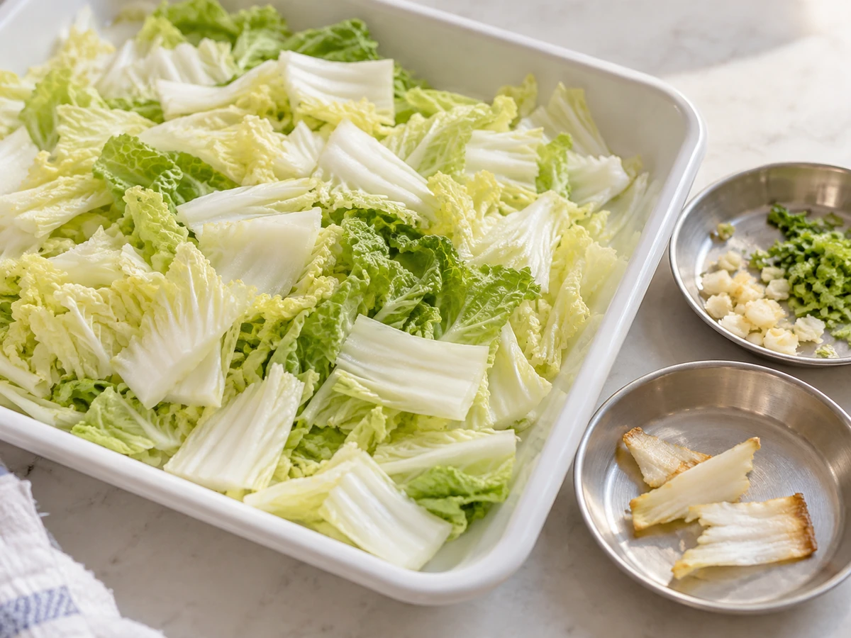 Napa cabbage cuts with fine fragments and brown-edged pieces in separate dishes
