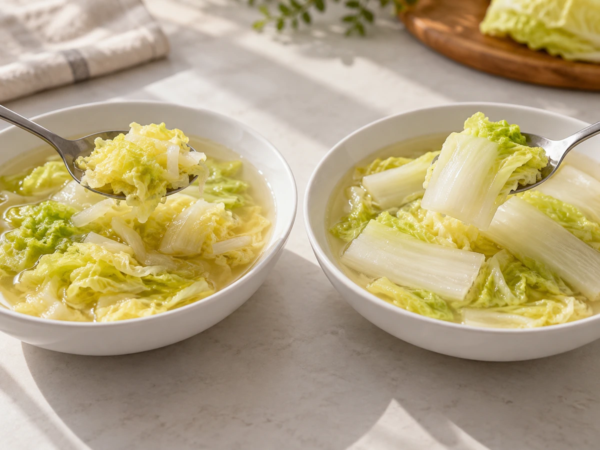 Two soup bowls containing finer and broader napa cuts with spoons lifting pieces