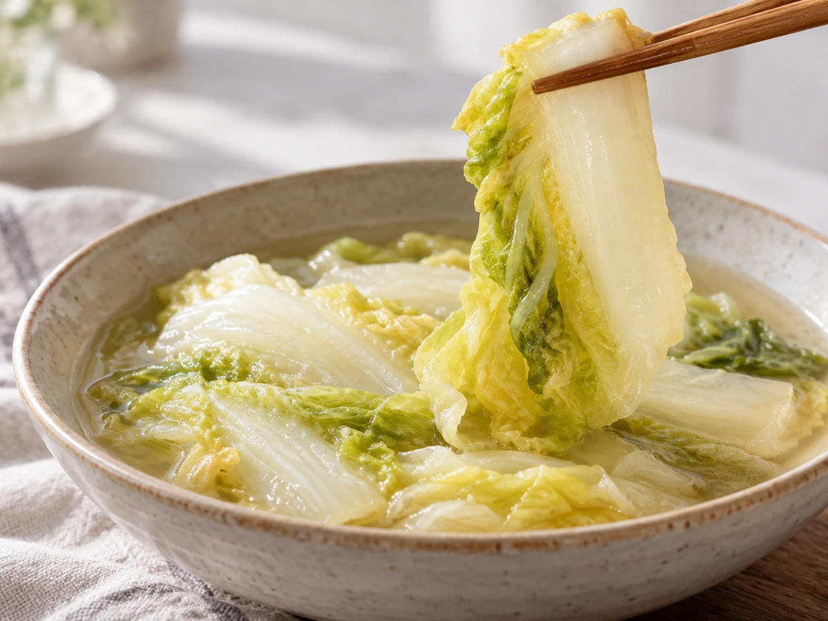 Chopsticks lifting a flexible cooked napa rib and green leaf from broth