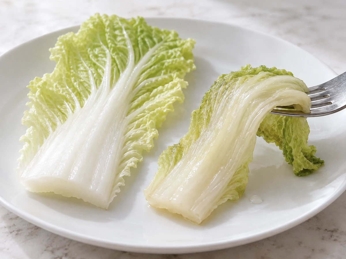 Pale Napa cabbage ribs with a flexible piece bending over a fork