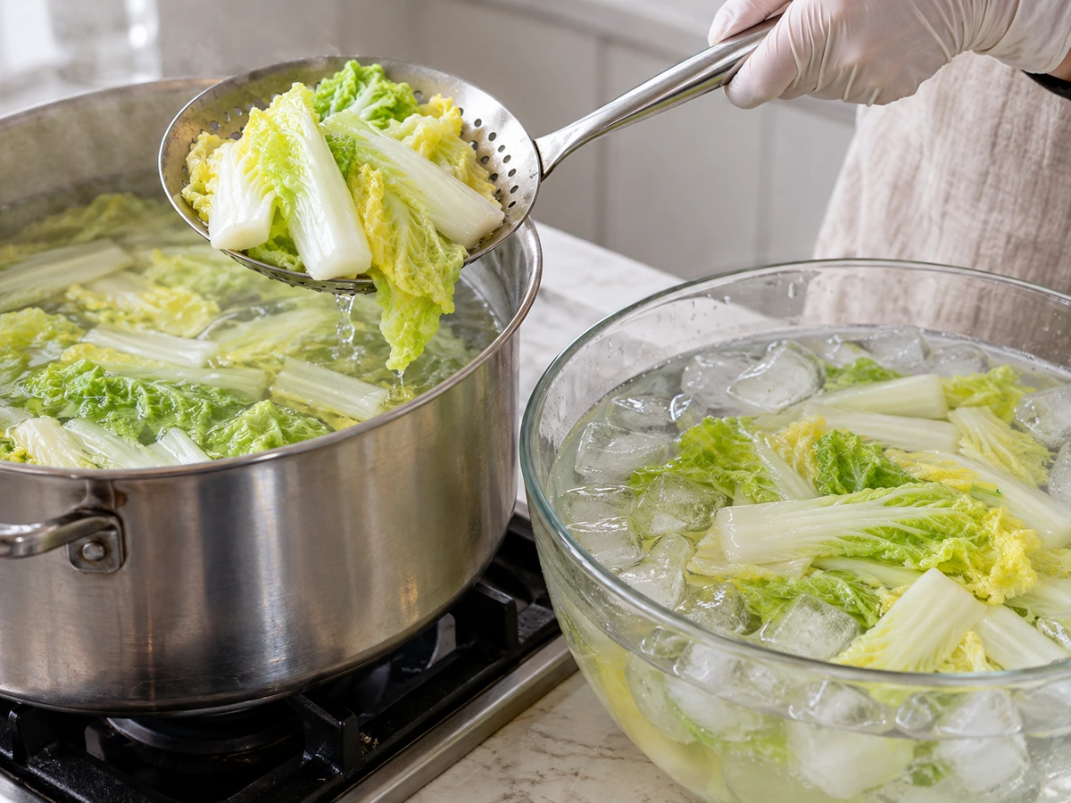 Perforated ladle lifting napa from hot water toward an adjacent cooling bowl