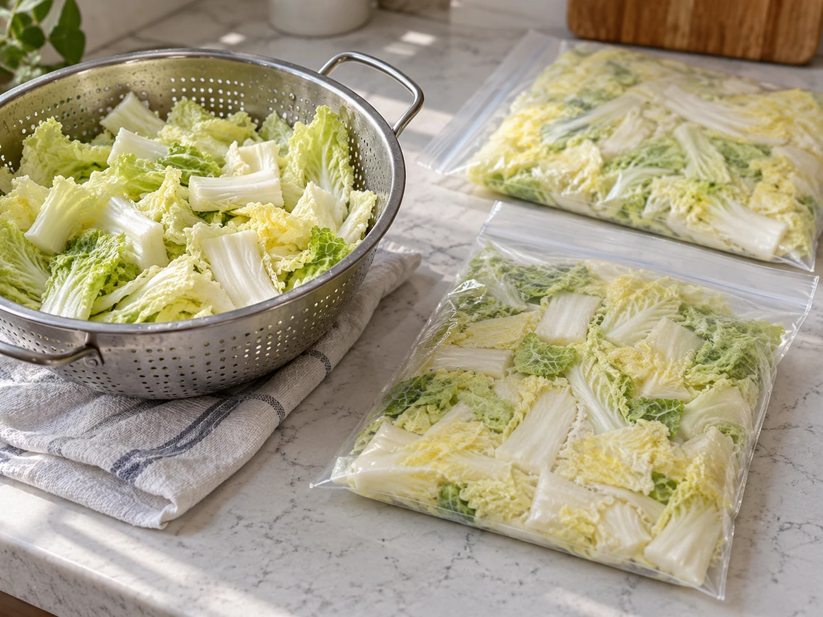Napa draining in a sieve beside flat freezer pouches of cabbage