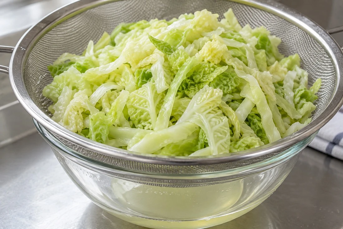 Thawed cabbage shreds draining over a glass bowl Thawed cabbage shreds draining over a glass bowl