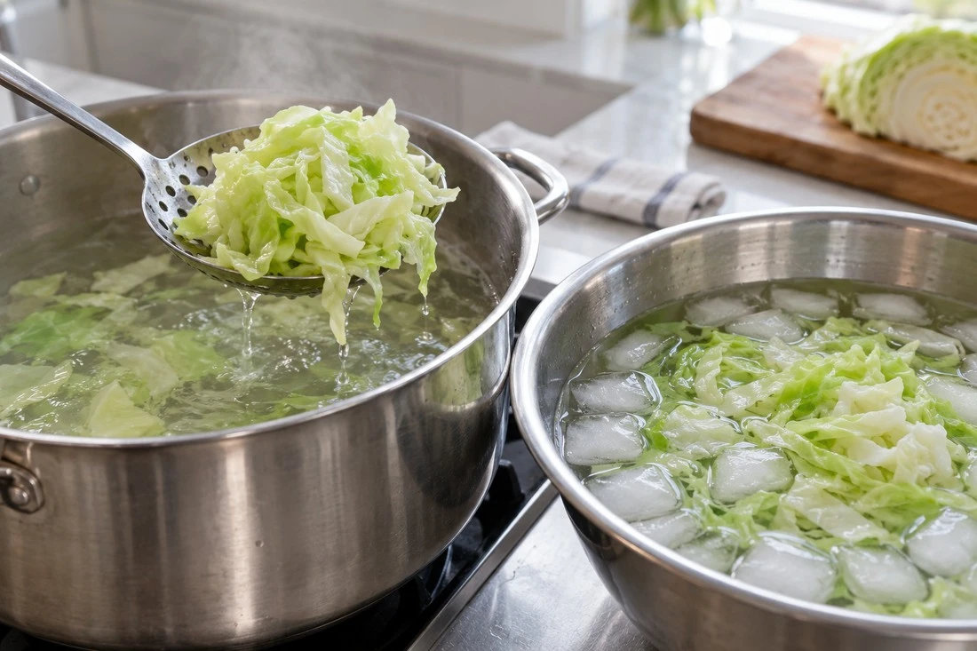 Blanched cabbage lifted beside a cold-water bowl Blanched cabbage lifted beside a cold-water bowl