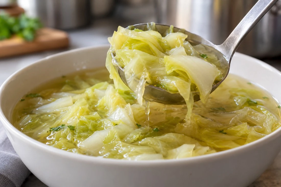 Cooked cabbage ribbons lifted from clear soup Cooked cabbage ribbons lifted from clear soup