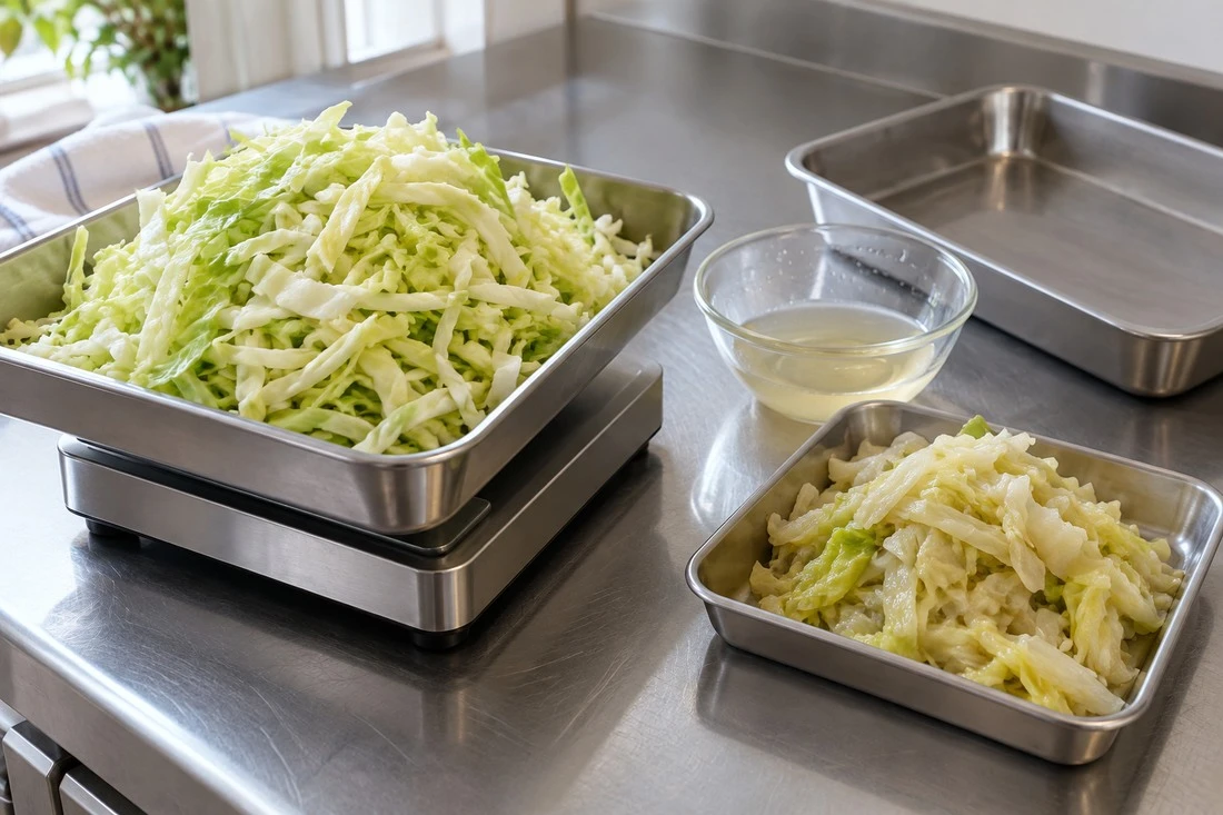 Separate cabbage portions and drain liquid on a weighing bench Separate cabbage portions and drain liquid on a weighing bench