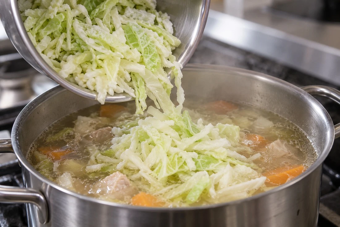 Frozen cabbage added to a clear soup pot Frozen cabbage added to a clear soup pot