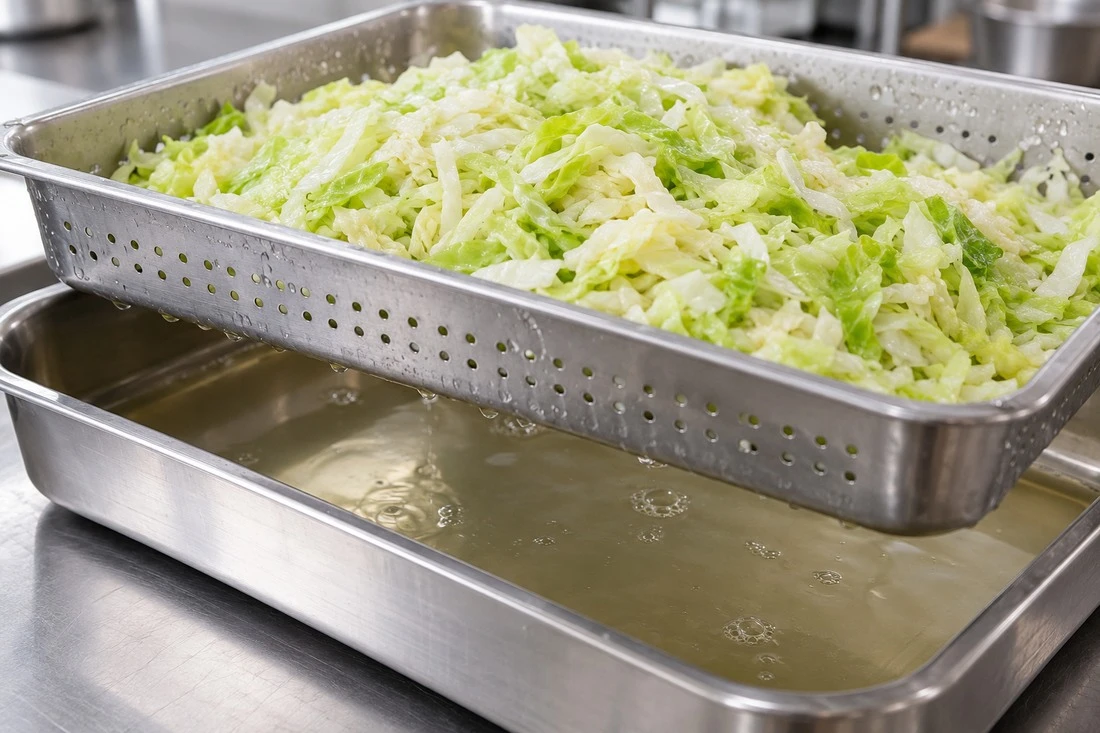 Chopped cabbage in a perforated draining insert Chopped cabbage in a perforated draining insert