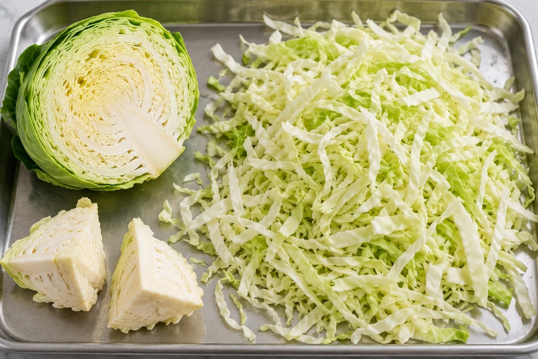 Cabbage shreds and dense stem pieces on an inspection tray Cabbage shreds and dense stem pieces on an inspection tray