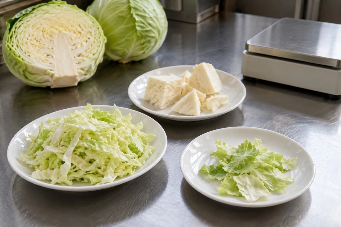 Cabbage shreds, stem pieces and small leaf fragments separated Cabbage shreds, stem pieces and small leaf fragments separated