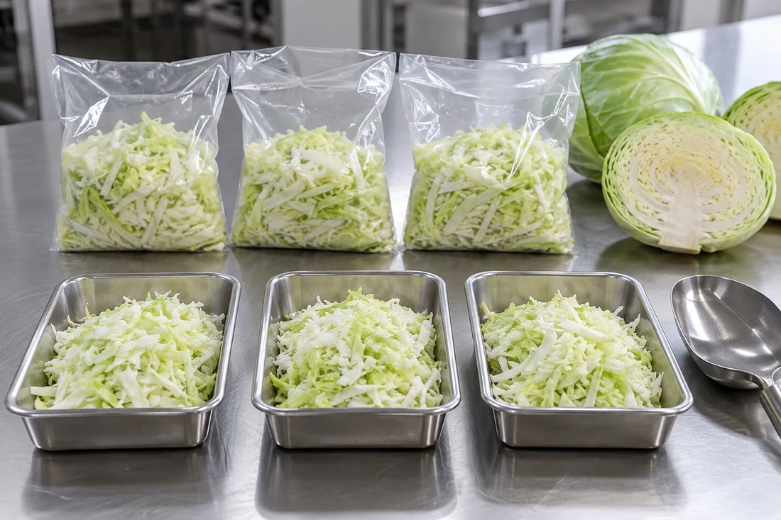 Separate bags and trays of green cabbage samples Separate bags and trays of green cabbage samples