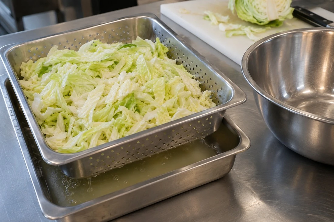Thawed cabbage strips above collected drain liquid Thawed cabbage strips above collected drain liquid