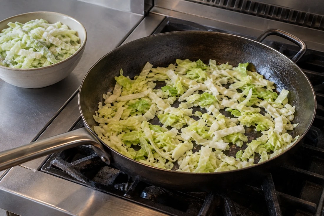 A modest cabbage load in a wide frying pan A modest cabbage load in a wide frying pan