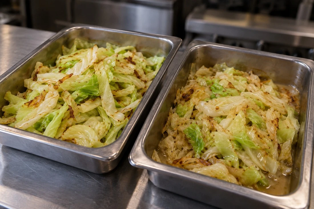 Fried cabbage portions under a holding comparison Fried cabbage portions under a holding comparison