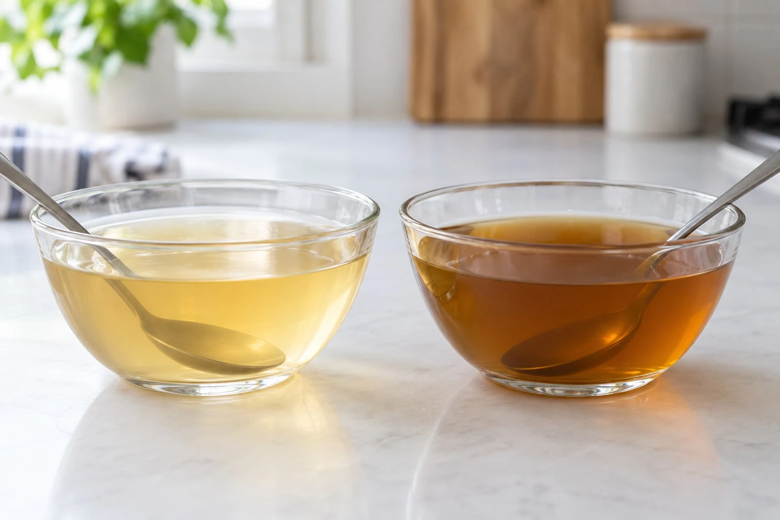 Stock color and clarity Pale and amber transparent stocks in matching glass bowls