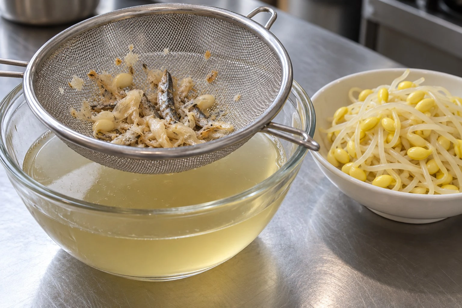 Stock particle straining Sieve holding seed skins and stock particles above collected broth