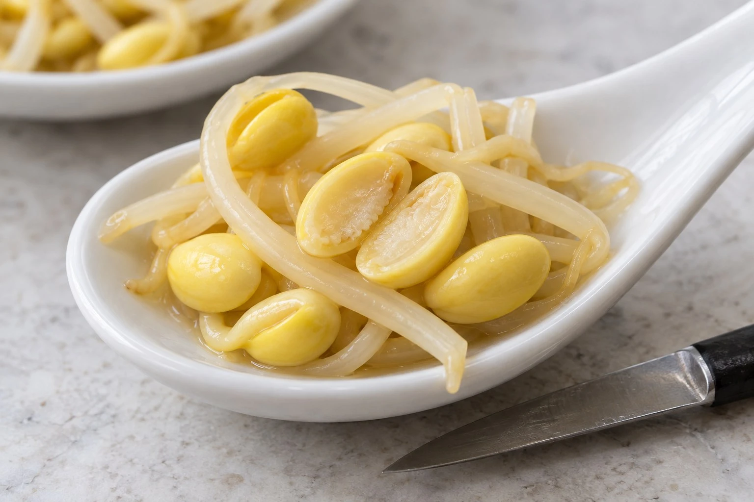 Cooked sprout head and stem Cooked soybean sprout heads and stems on a spoon with one split head