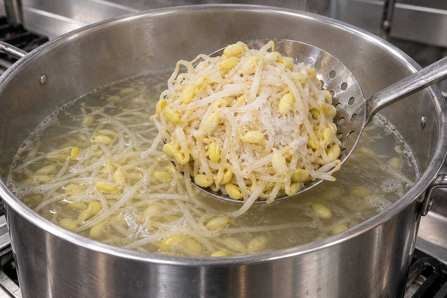Frozen sprout kettle loading Frosted soybean sprout cluster on a perforated ladle over a soup kettle