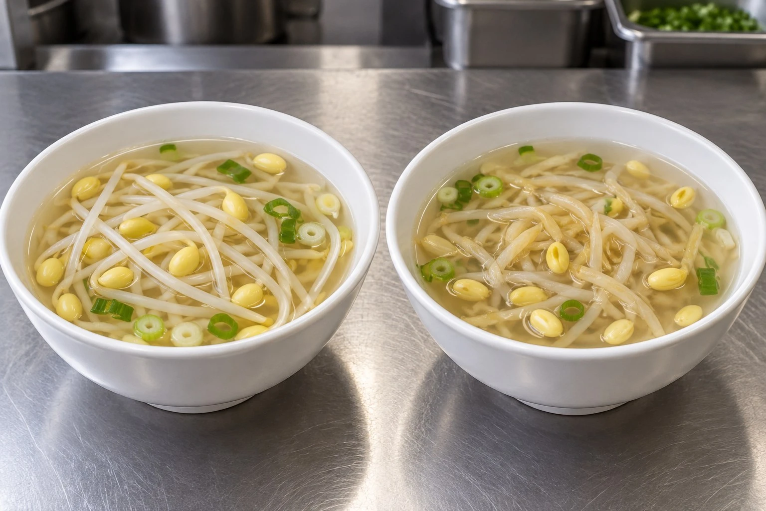 Soup texture comparison Two soup bowls showing intact stems and softer broken sprout stems