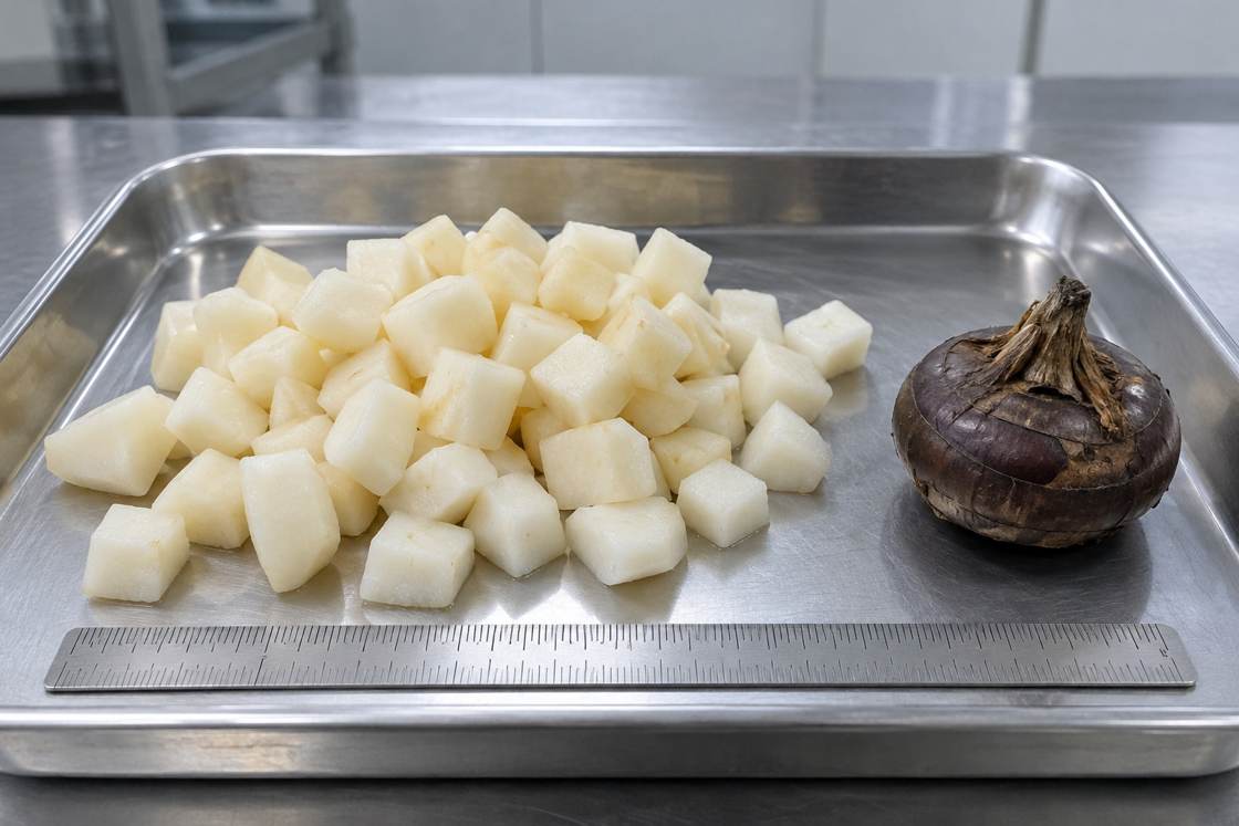 Water Chestnut Identity Illustrative product-form comparison of peeled dice and the whole corm.