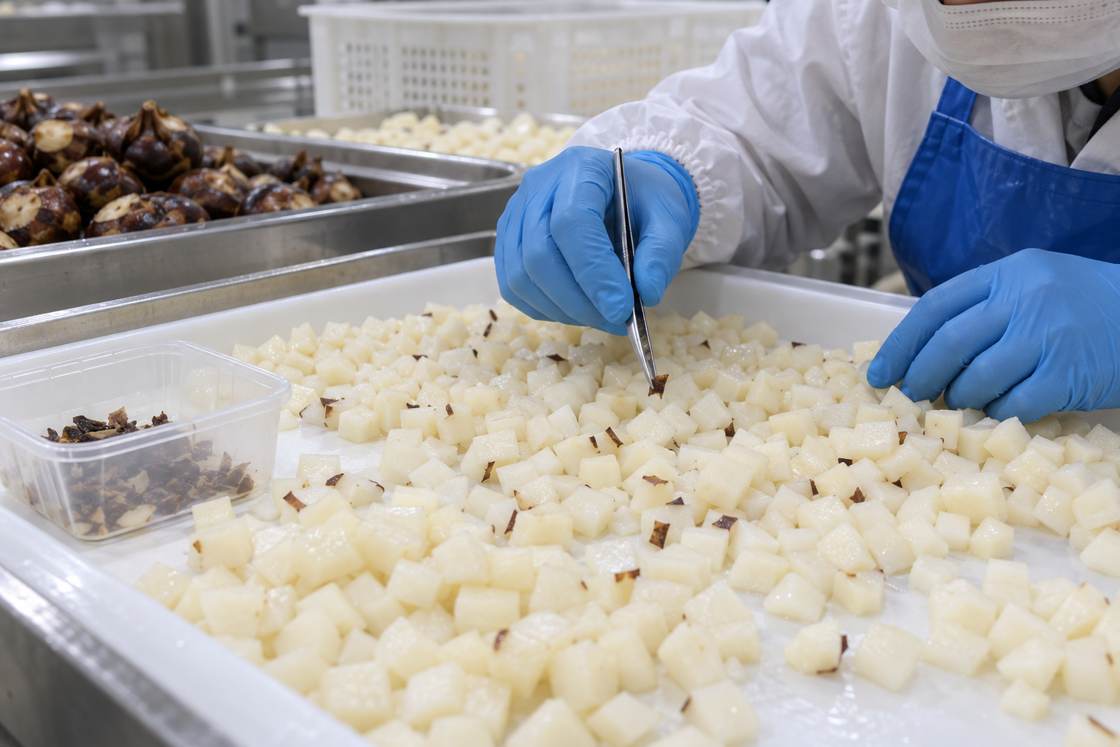 Water Chestnut Peel Control Illustrative inspection of peel remnants; the accepted defect tolerance belongs in the purchase specification.