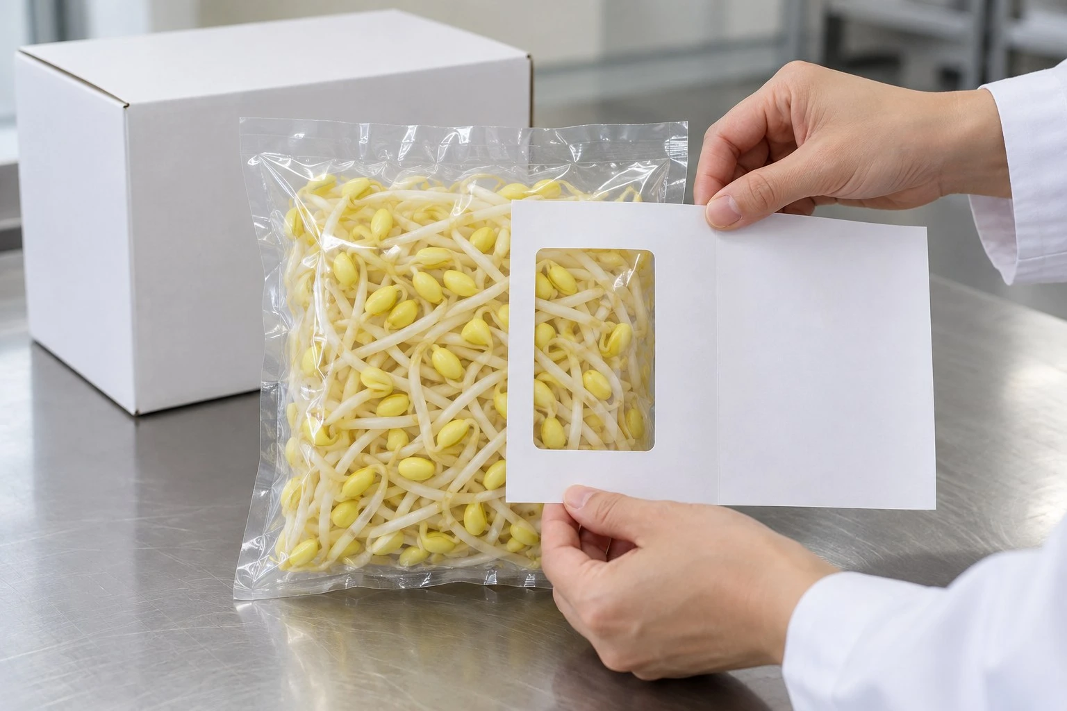 Pouch label placement review Hands aligning a blank paper label template with a sealed soybean sprout pouch