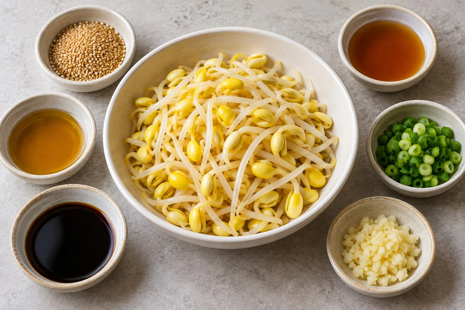 Seasoned sprout formula ingredients Soybean sprouts surrounded by separate bowls of sauces sesame garlic and scallion