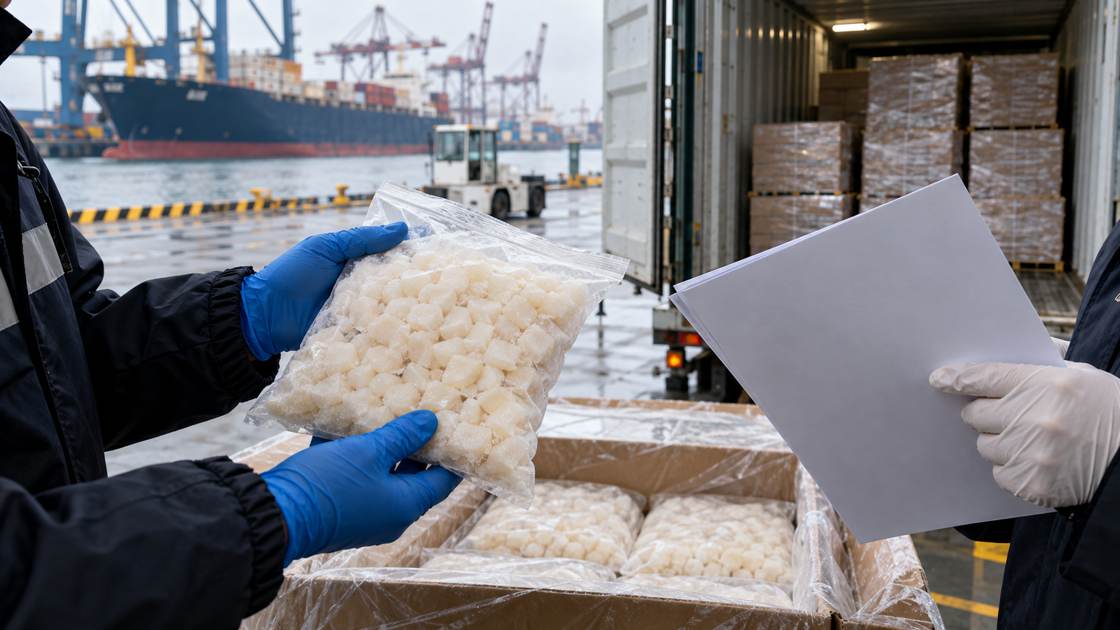 Water Chestnut Port Check Illustrative inspection and frozen handover at entry.