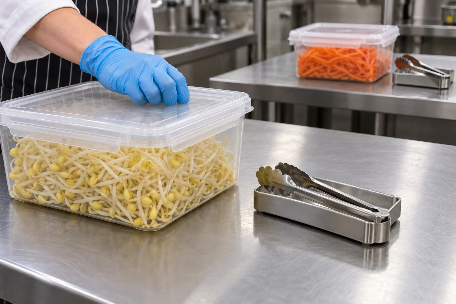 Separate food handling stations Closed sprout tub and dedicated tongs separated from a carrot handling station