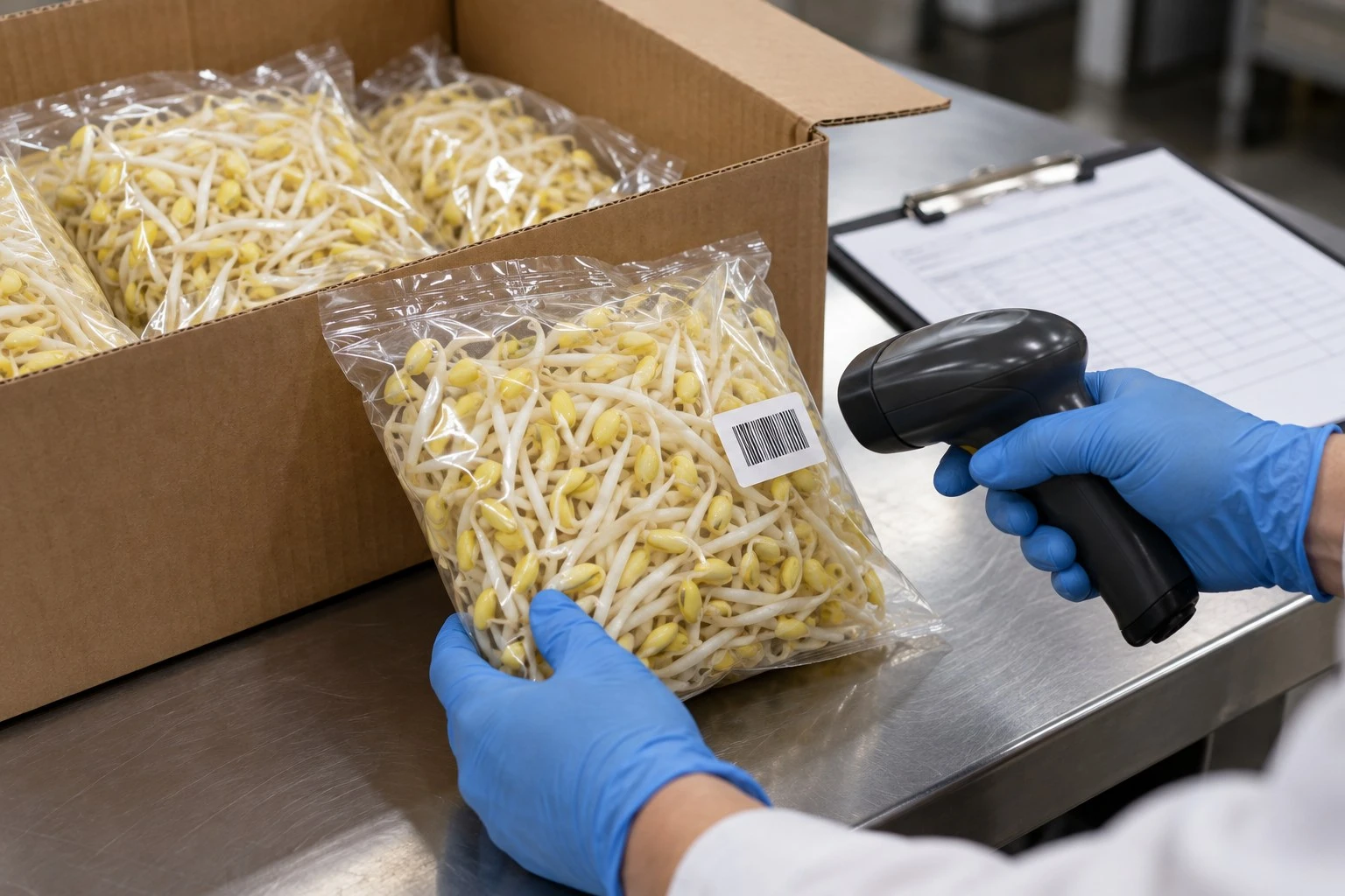 Sprout lot sample check Sealed sprout sample being scanned beside its carton and receiving sheet