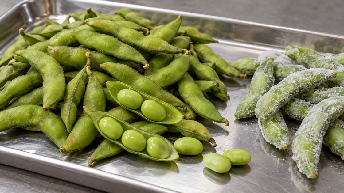 Edamame Product Identity Illustrative in-pod edamame identity; soybeans are the edible portion.