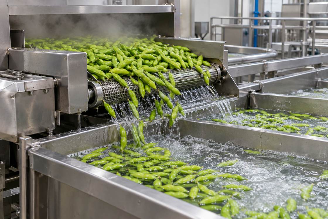 Edamame Blanch Cool Illustrative blanch-and-cool process; blanching alone does not establish ready-to-eat status.