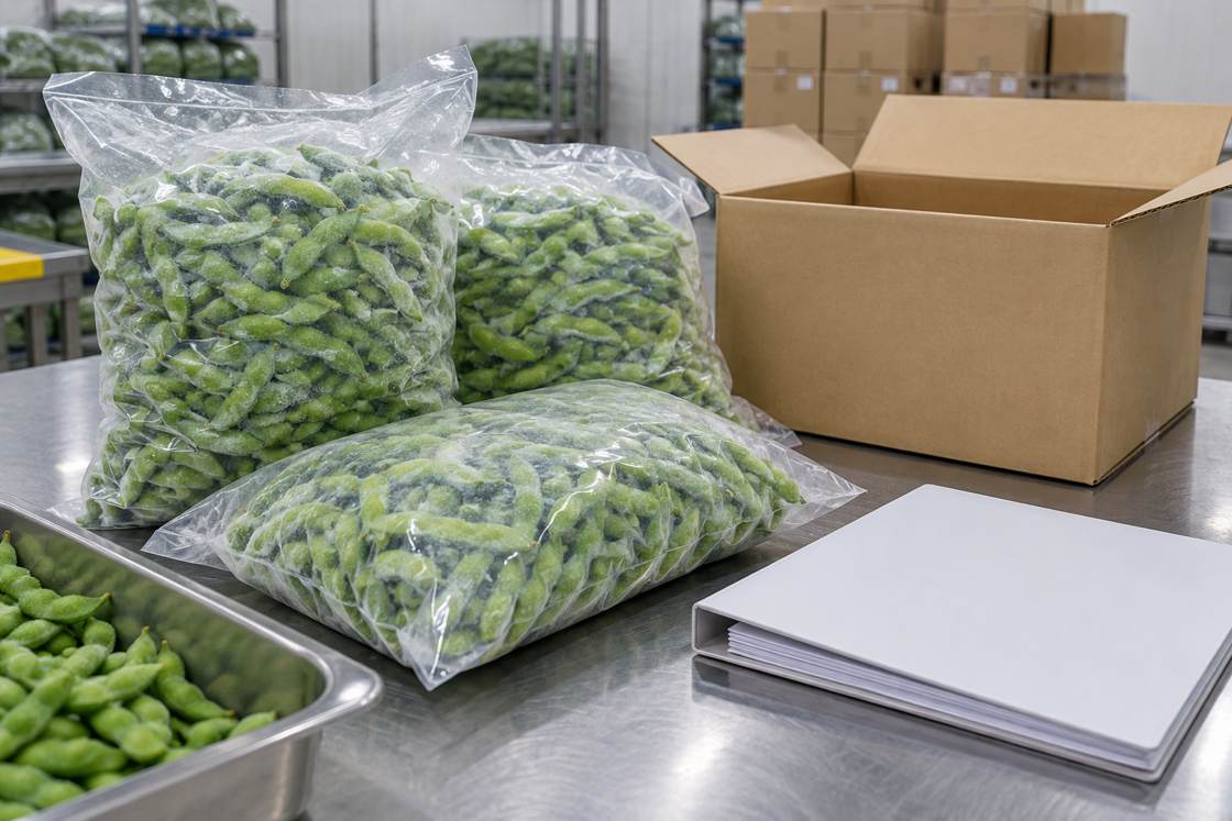 Edamame Allergen Pack Illustrative frozen pod packs awaiting approved soy label and lot-code artwork.