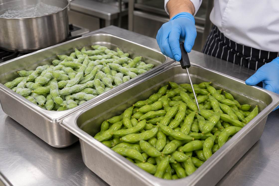 Edamame Cooking Use Illustrative cooking-use trial for tenderness and recovered yield.